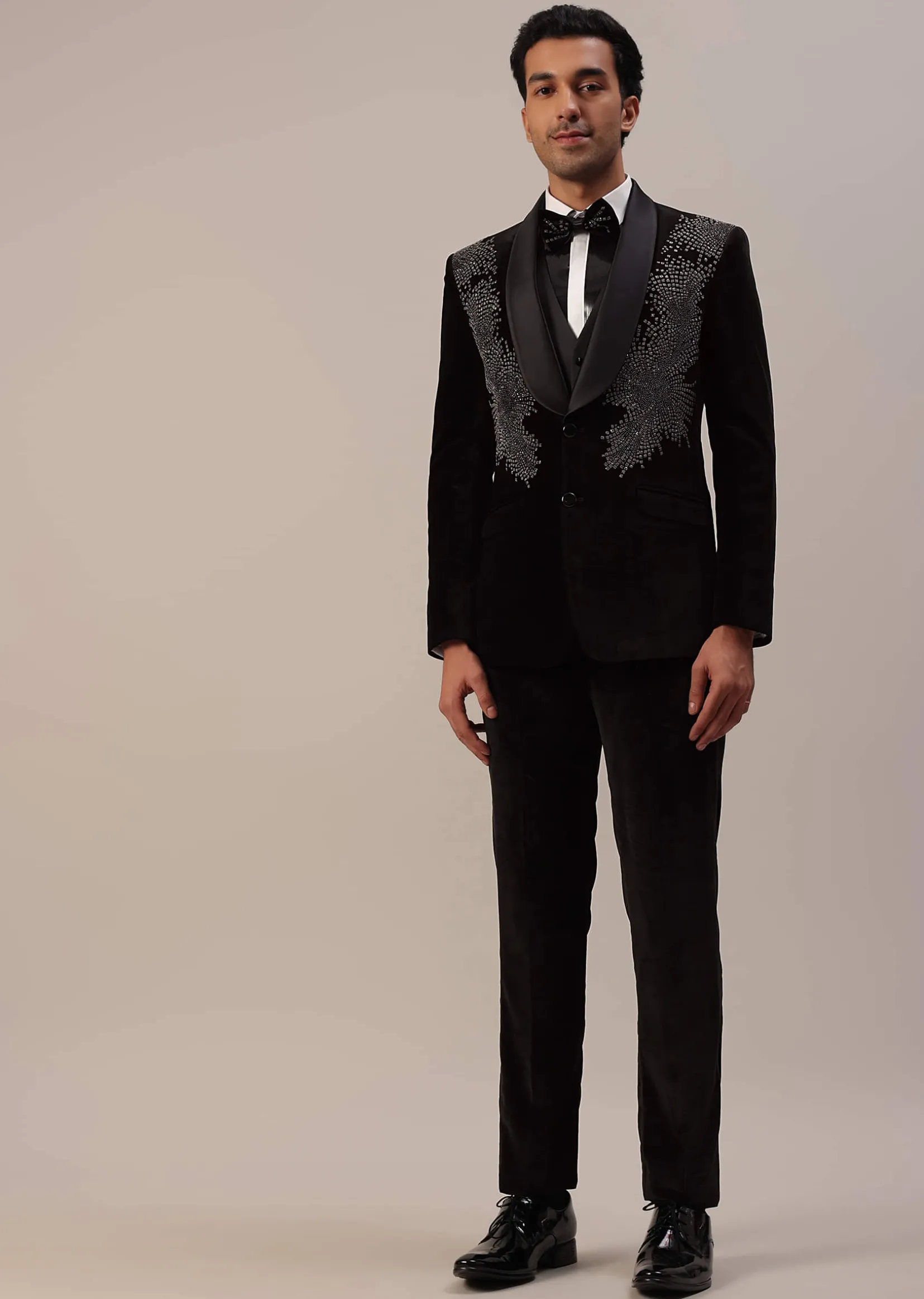 Black Crystal Handwork Tuxedo Set In Velvet