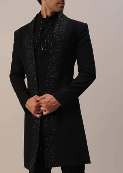 Black Cut Dana And Sequins Embroidered Indowestern In Suiting Fabric