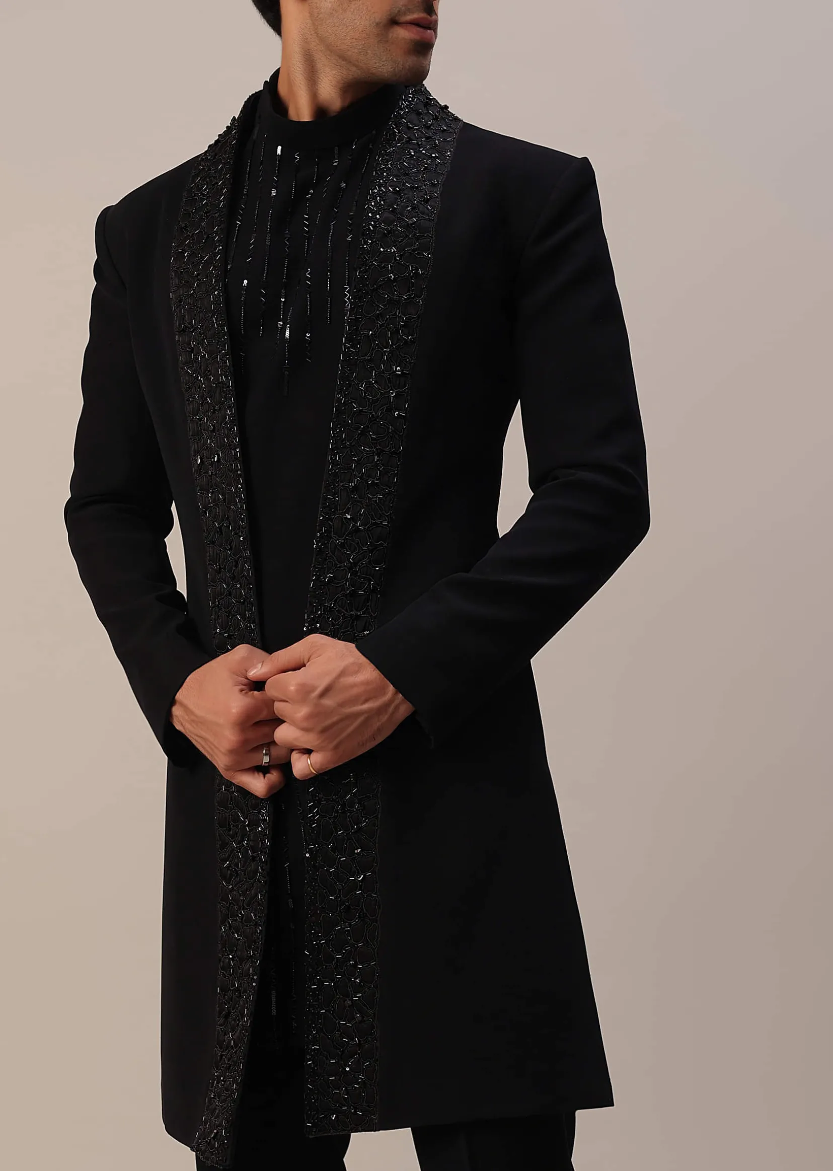 Black Cut Dana And Sequins Embroidered Indowestern In Suiting Fabric