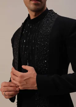 Black Cut Dana And Sequins Embroidered Indowestern In Suiting Fabric