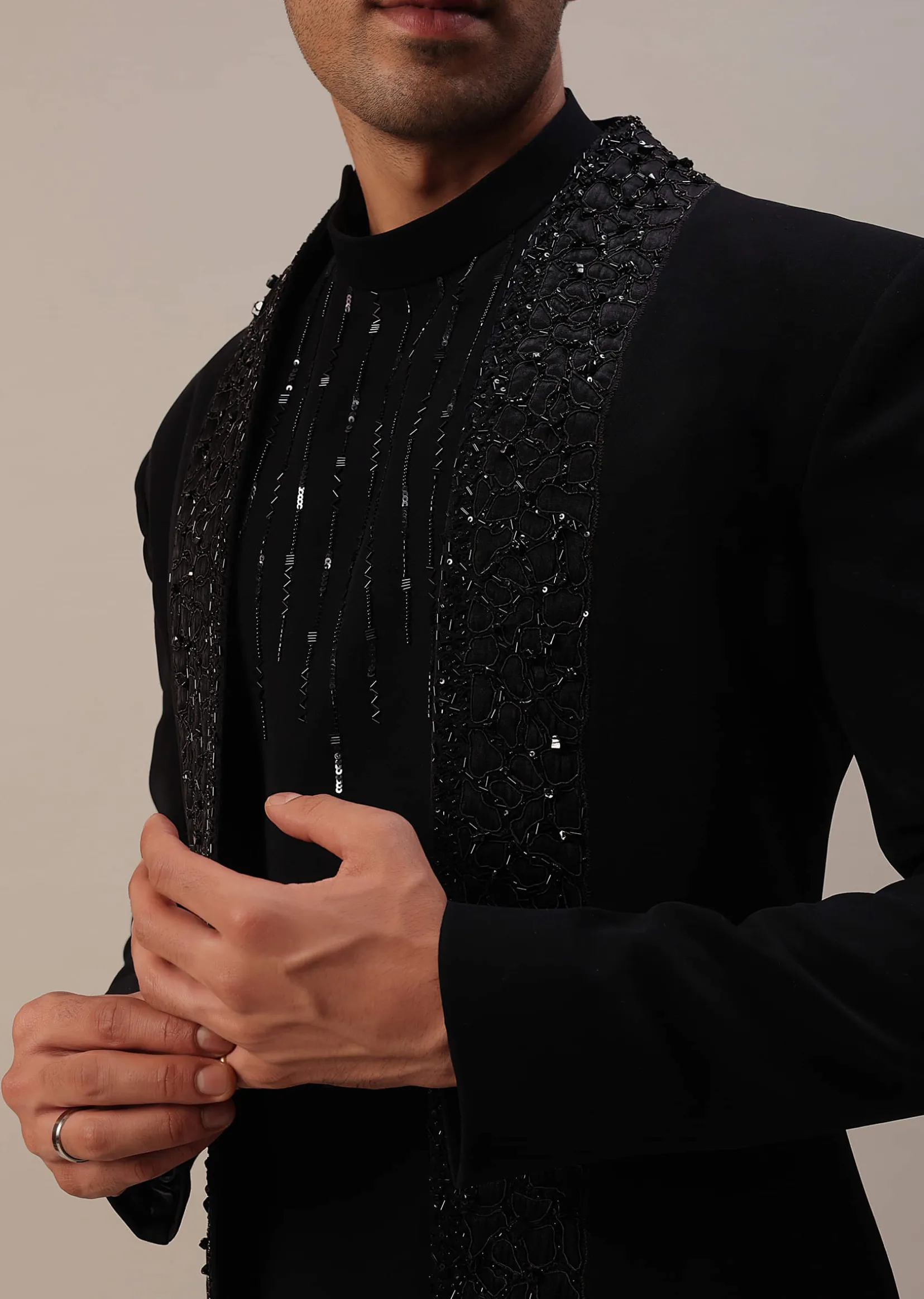 Black Cut Dana And Sequins Embroidered Indowestern In Suiting Fabric