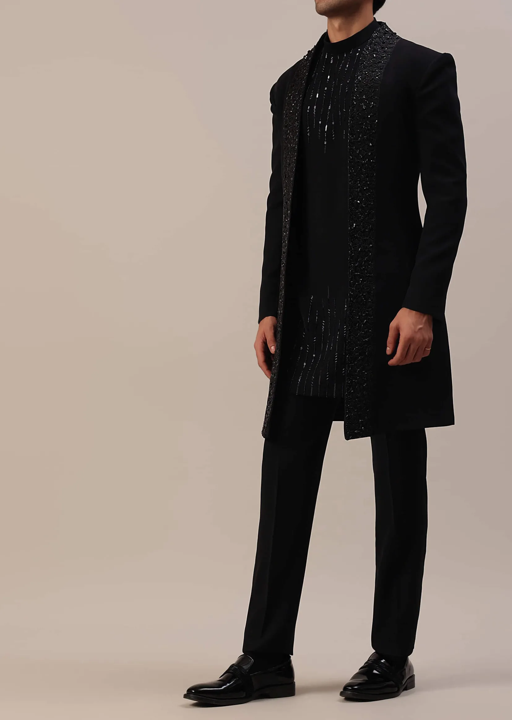 Black Cut Dana And Sequins Embroidered Indowestern In Suiting Fabric