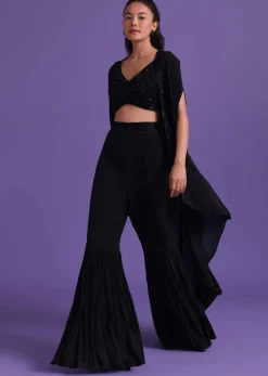 Black Cut Dana Embroidered Sharara And Blouse Set With Shrug in Satin