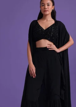 Black Cut Dana Embroidered Sharara And Blouse Set With Shrug in Satin
