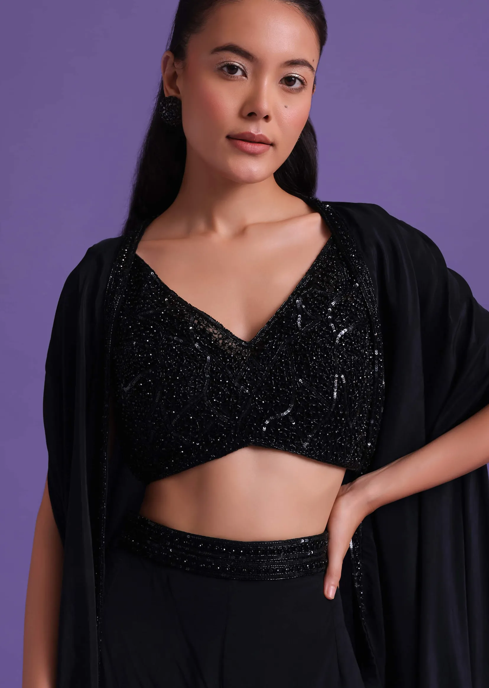 Black Cut Dana Embroidered Sharara And Blouse Set With Shrug in Satin
