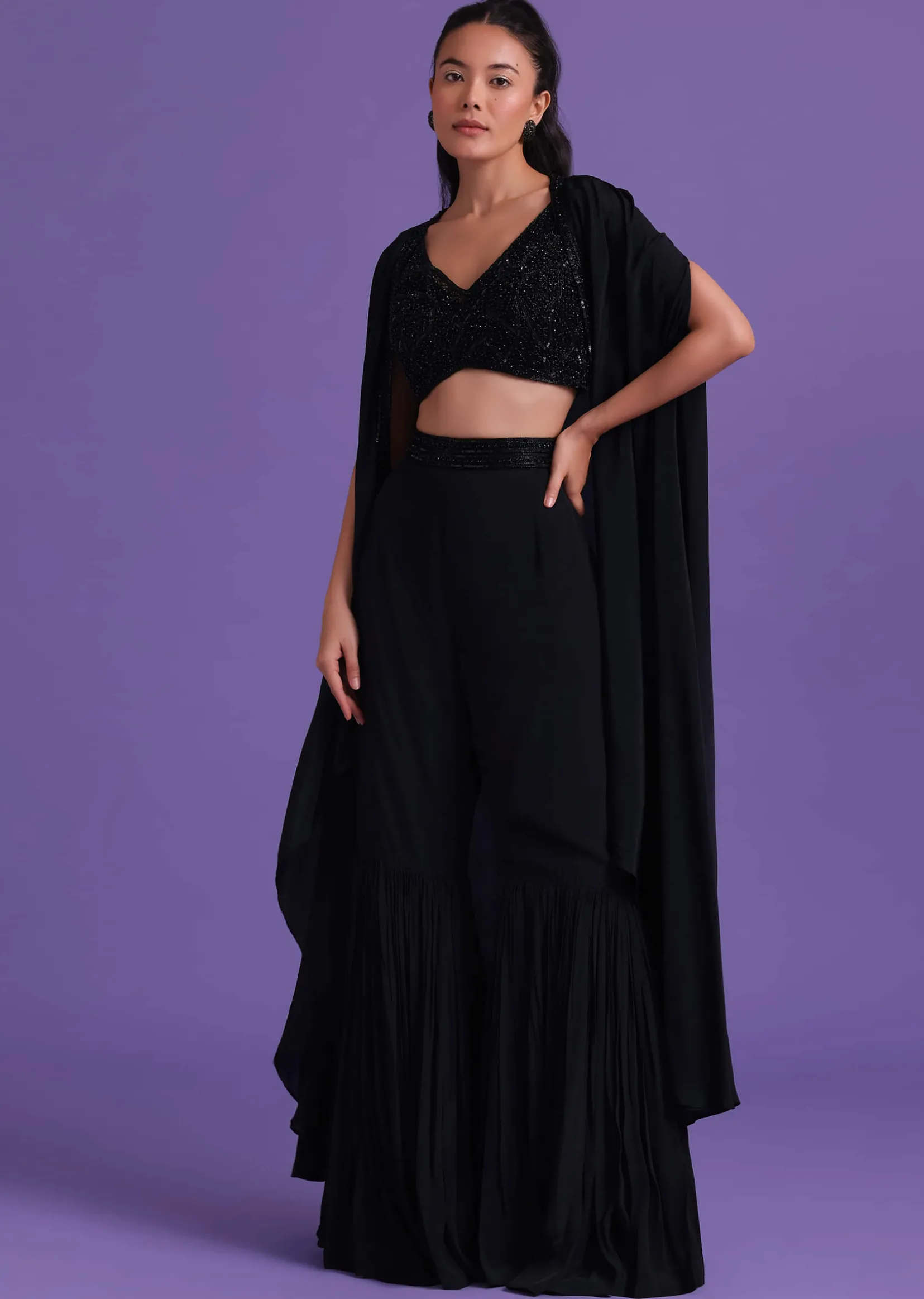 Black Cut Dana Embroidered Sharara And Blouse Set With Shrug in Satin