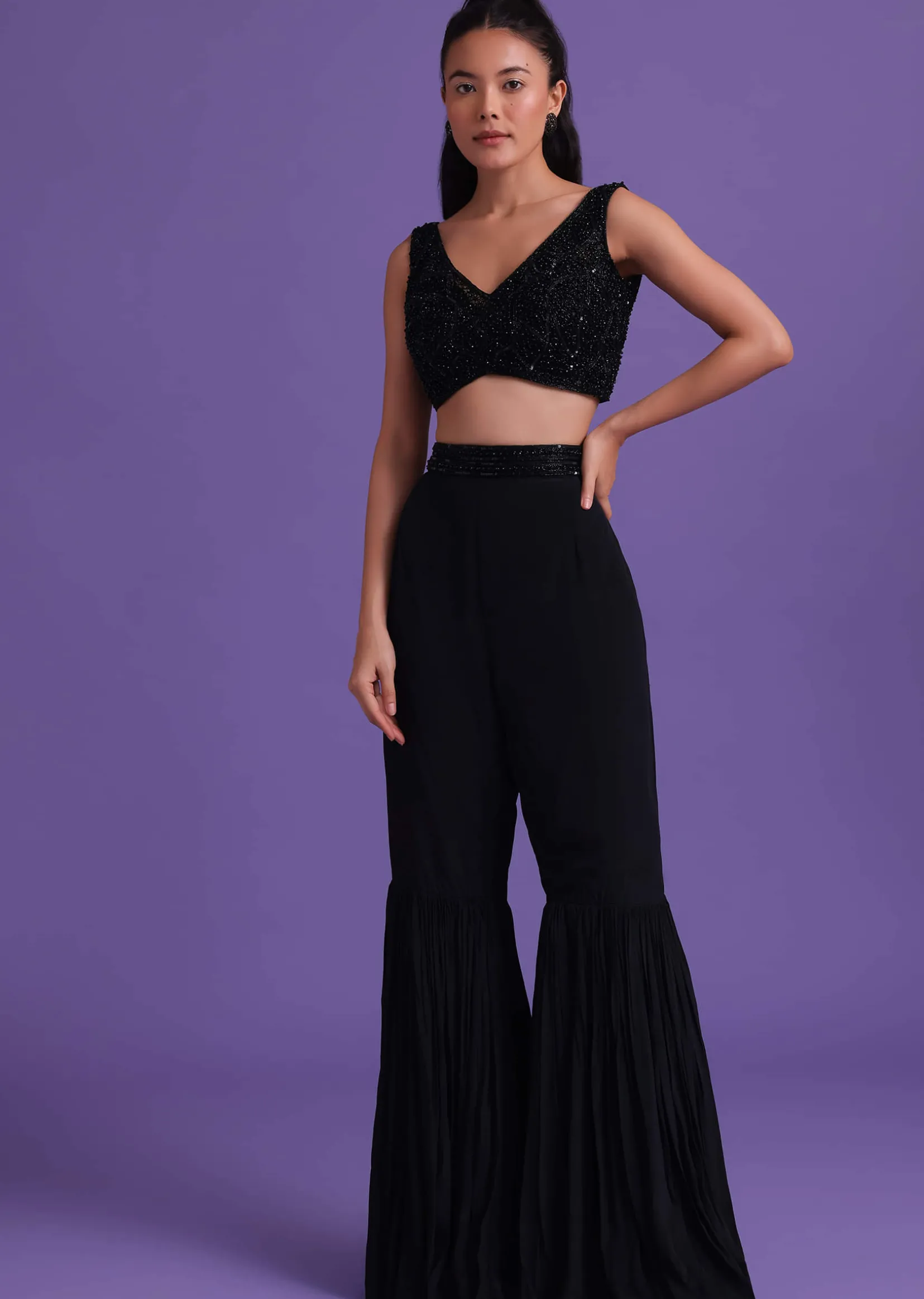 Black Cut Dana Embroidered Sharara And Blouse Set With Shrug in Satin