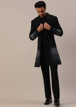 Black Cut Dana Embroidered Indowestern In Suiting Fabric