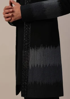 Black Cut Dana Embroidered Indowestern In Suiting Fabric