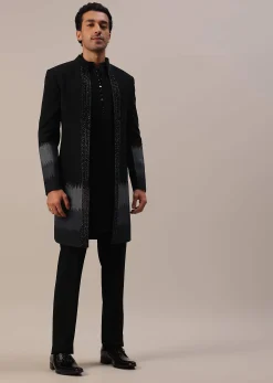 Black Cut Dana Embroidered Indowestern In Suiting Fabric