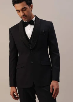 Black Cut Work Embroidered Tuxedo Set In Terry Rayon
