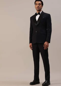 Black Cut Work Embroidered Tuxedo Set In Terry Rayon