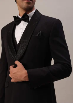 Black Cut Work Embroidered Tuxedo Set In Terry Rayon