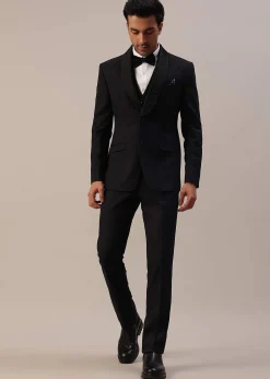 Black Cut Work Embroidered Tuxedo Set In Terry Rayon