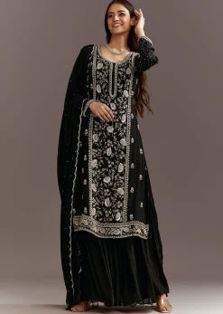 Black Cutdana And Sequins Kurta With Chinon Sharara And Dupatta