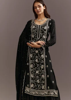 Black Cutdana And Sequins Kurta With Chinon Sharara And Dupatta