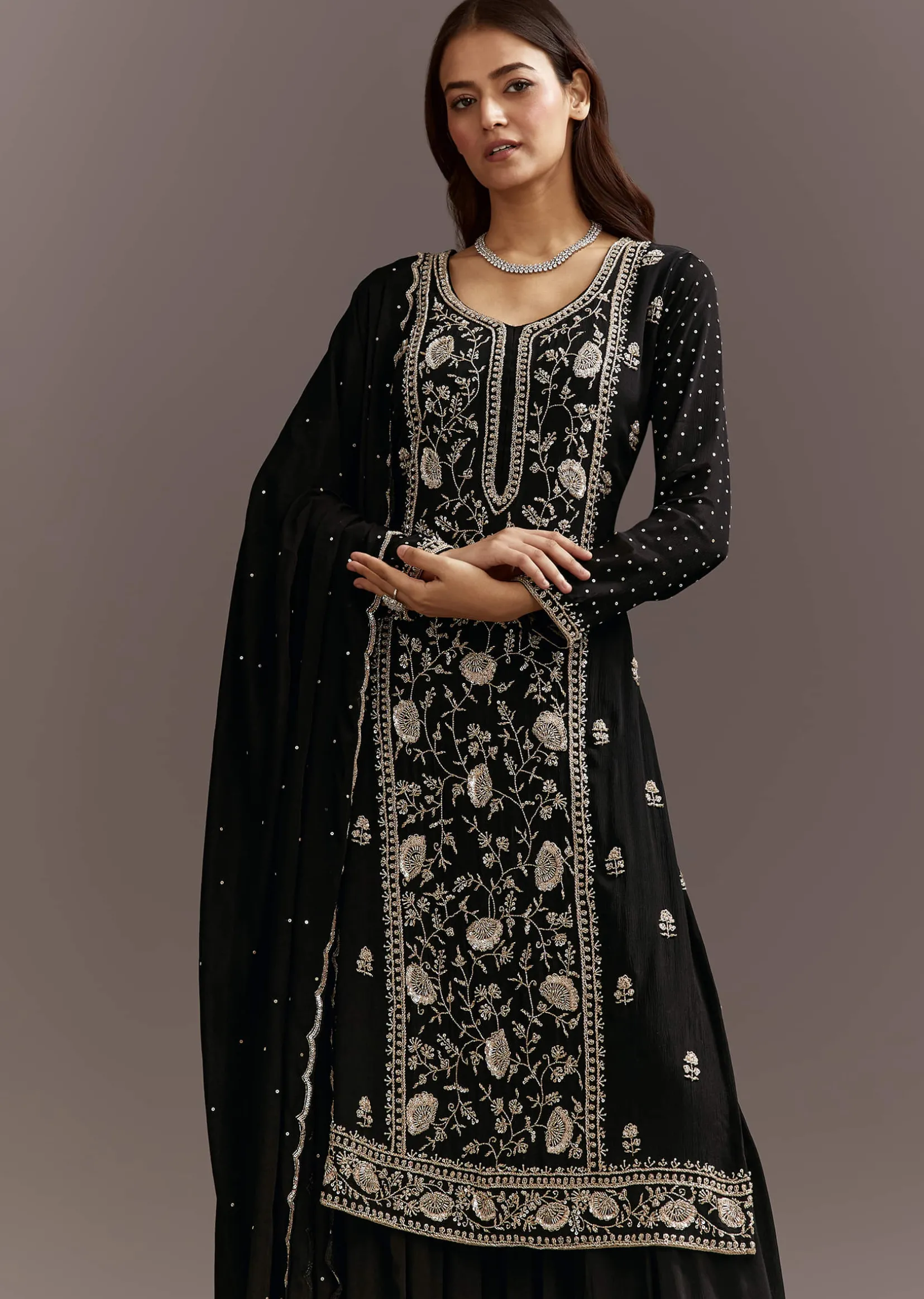 Black Cutdana And Sequins Kurta With Chinon Sharara And Dupatta