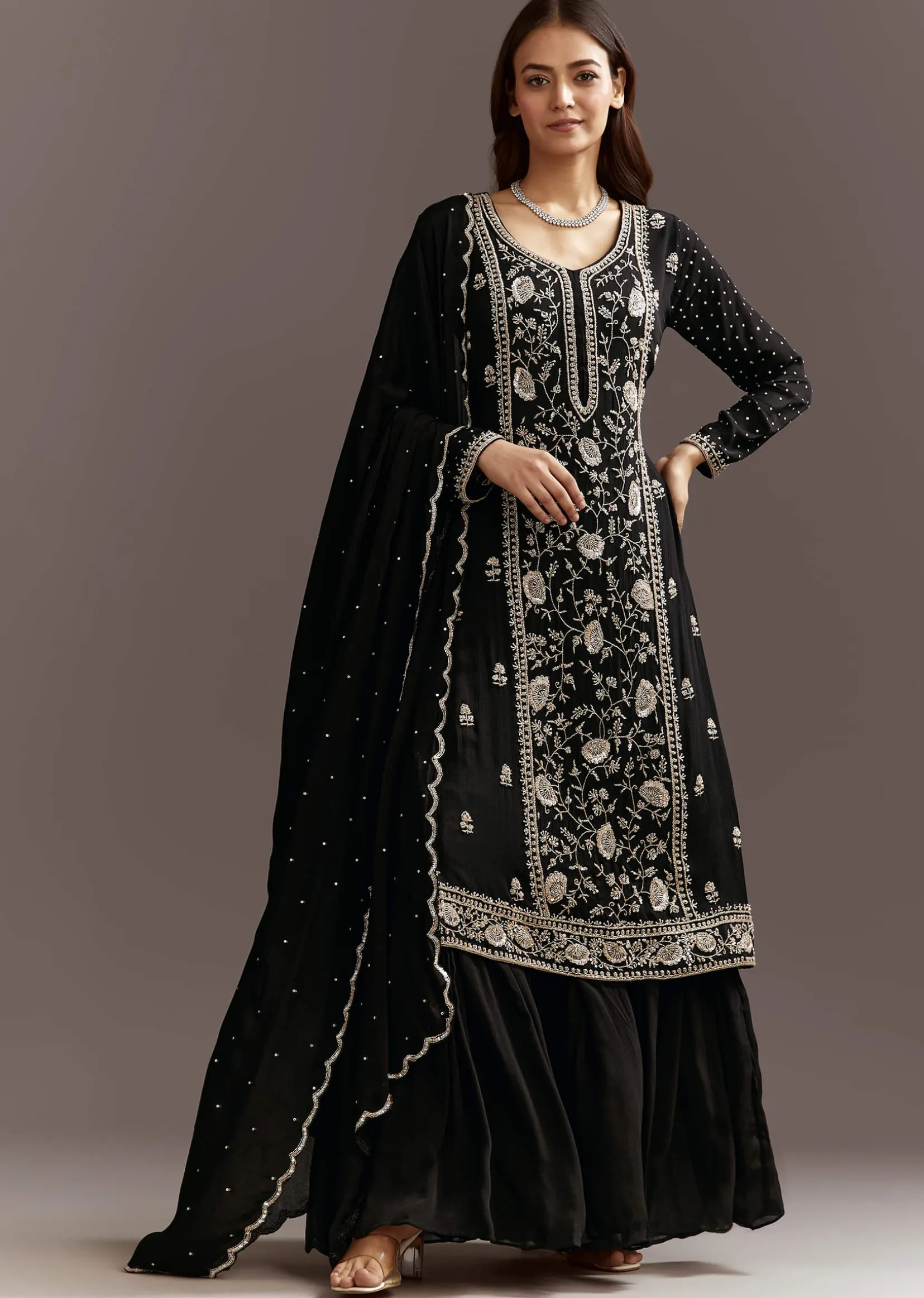 Black Cutdana And Sequins Kurta With Chinon Sharara And Dupatta