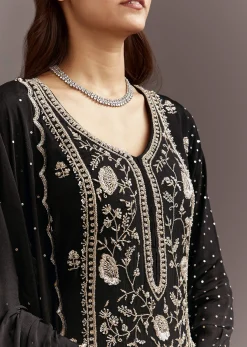 Black Cutdana And Sequins Kurta With Chinon Sharara And Dupatta