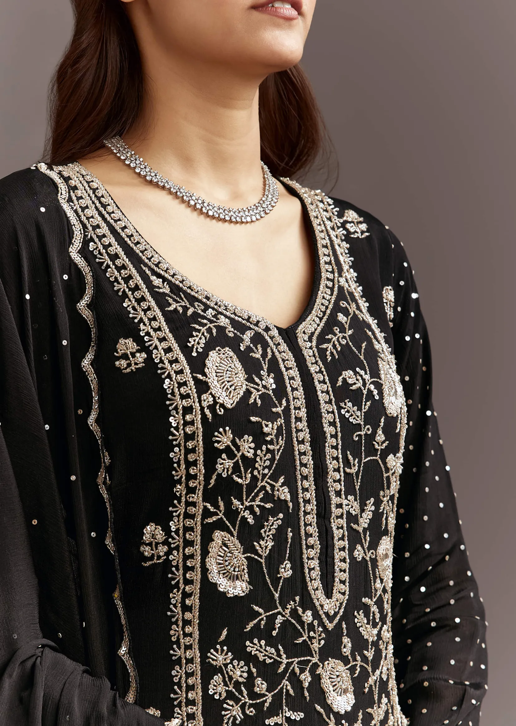 Black Cutdana And Sequins Kurta With Chinon Sharara And Dupatta