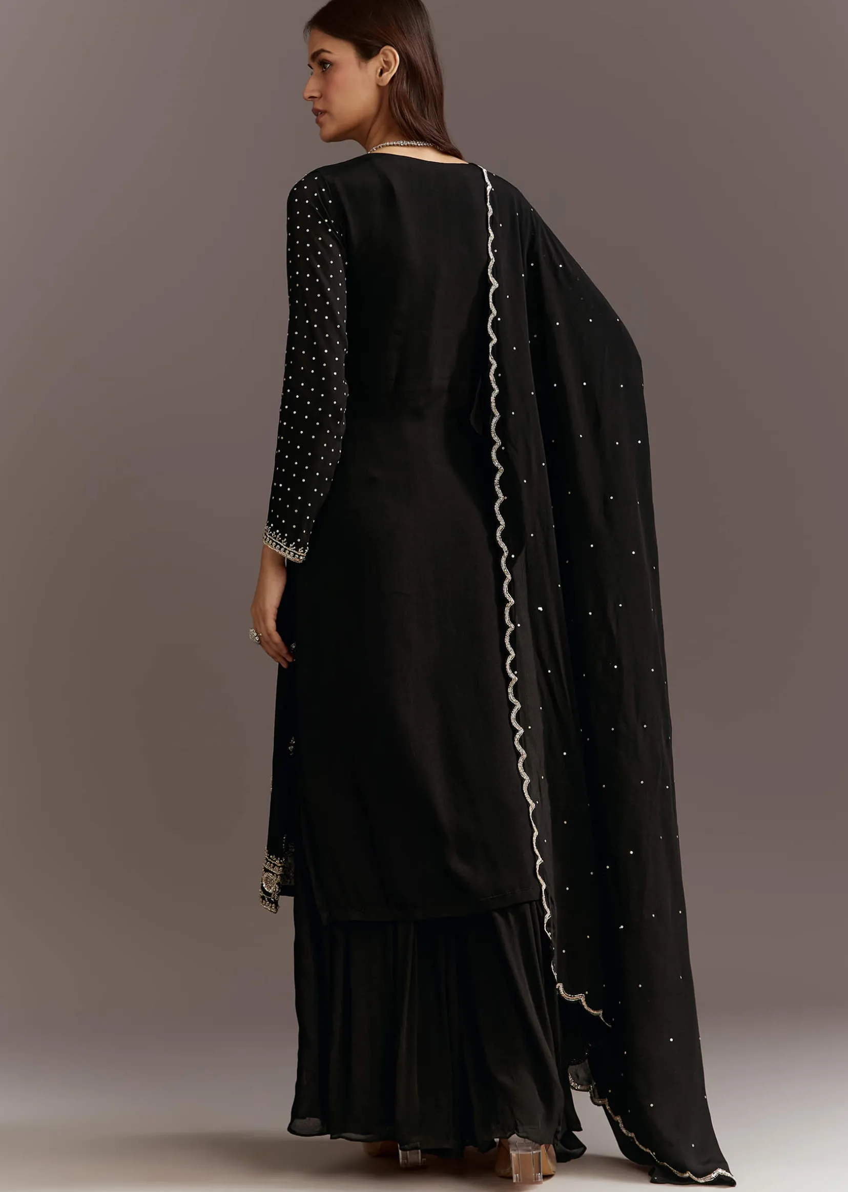 Black Cutdana And Sequins Kurta With Chinon Sharara And Dupatta