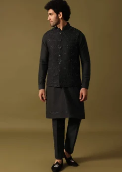 Black Cutdana Embroidered Kurta Jacket Set
