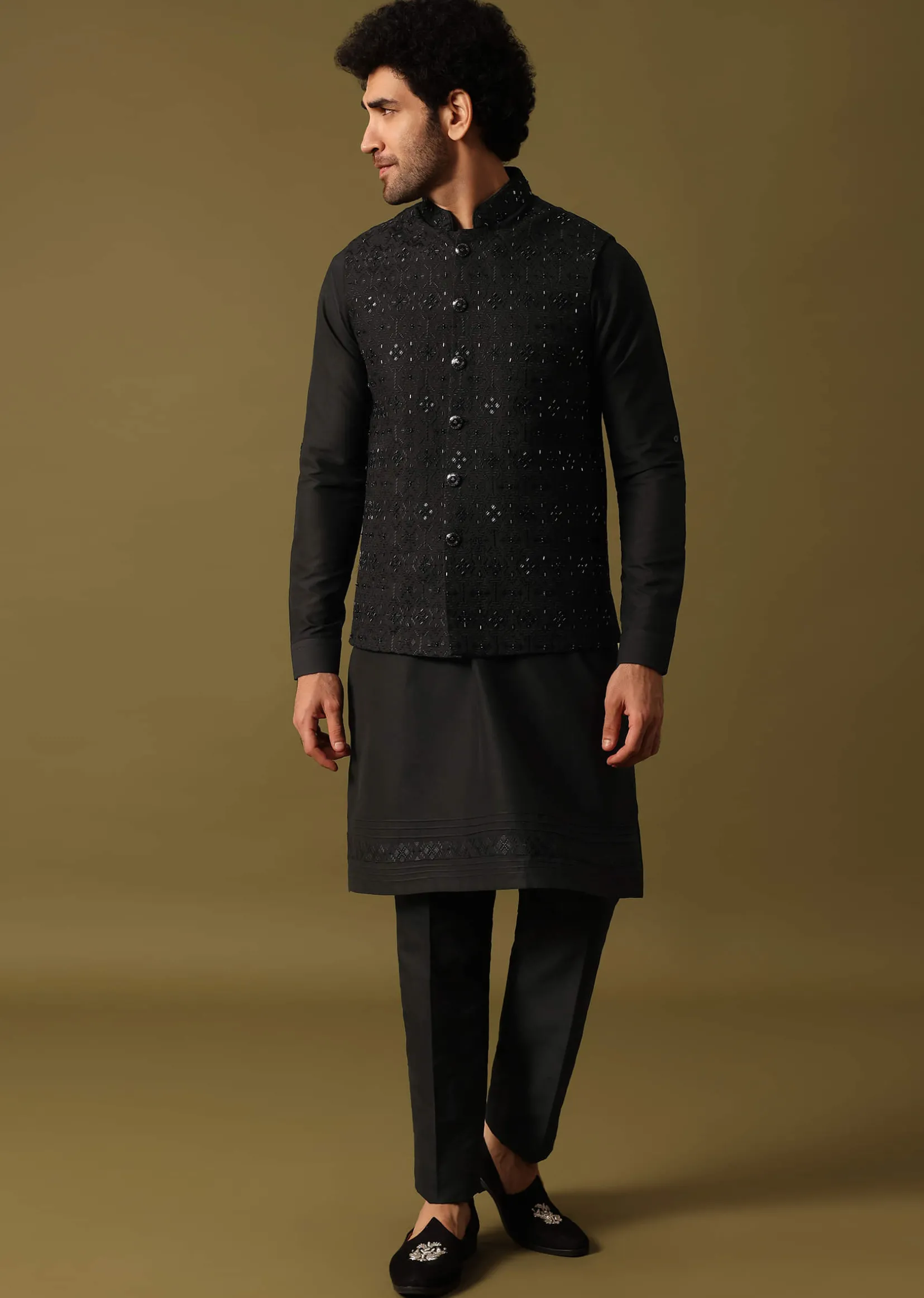 Black Cutdana Embroidered Kurta Jacket Set