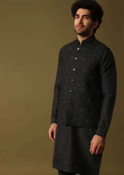 Black Cutdana Embroidered Kurta Jacket Set