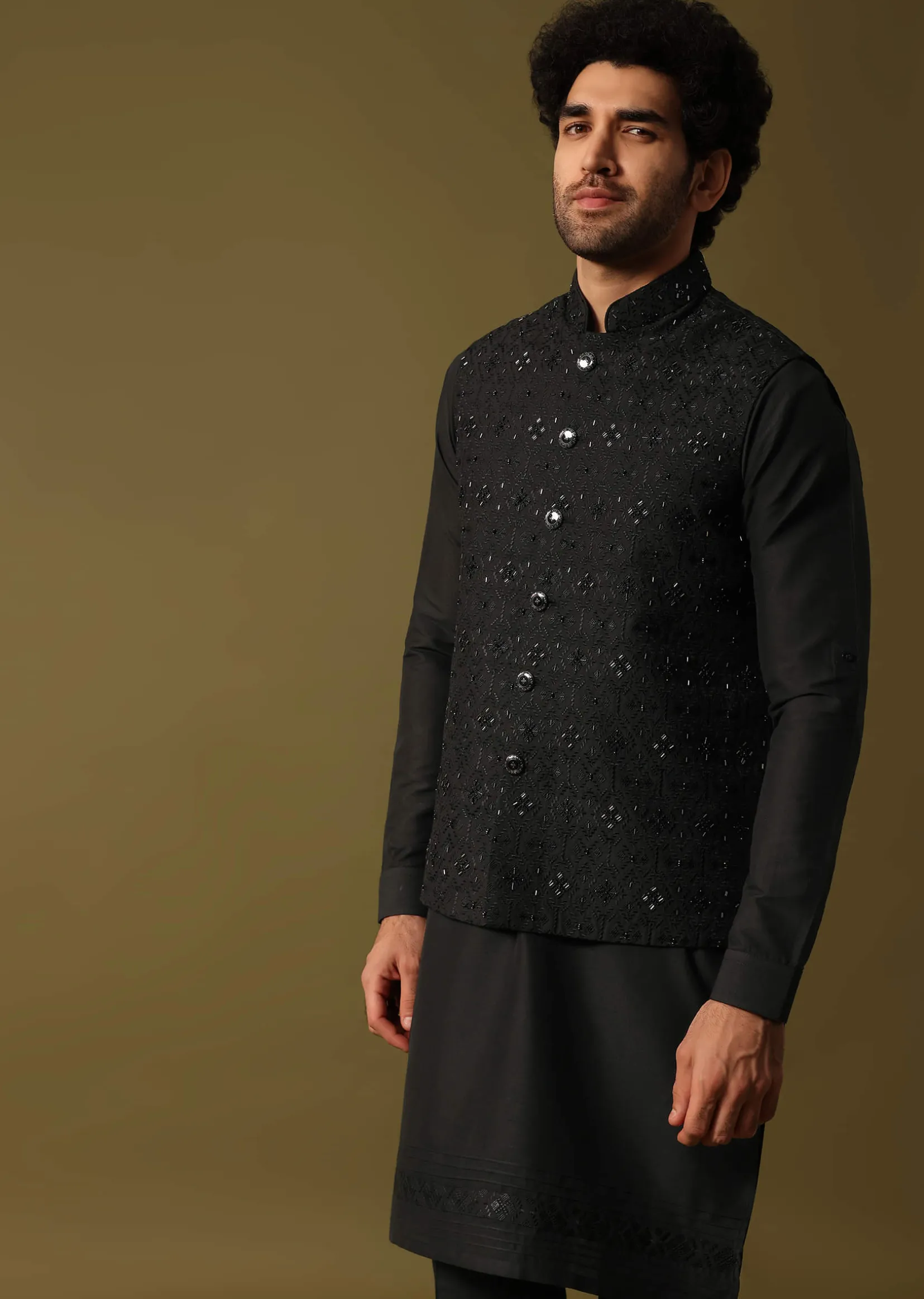 Black Cutdana Embroidered Kurta Jacket Set