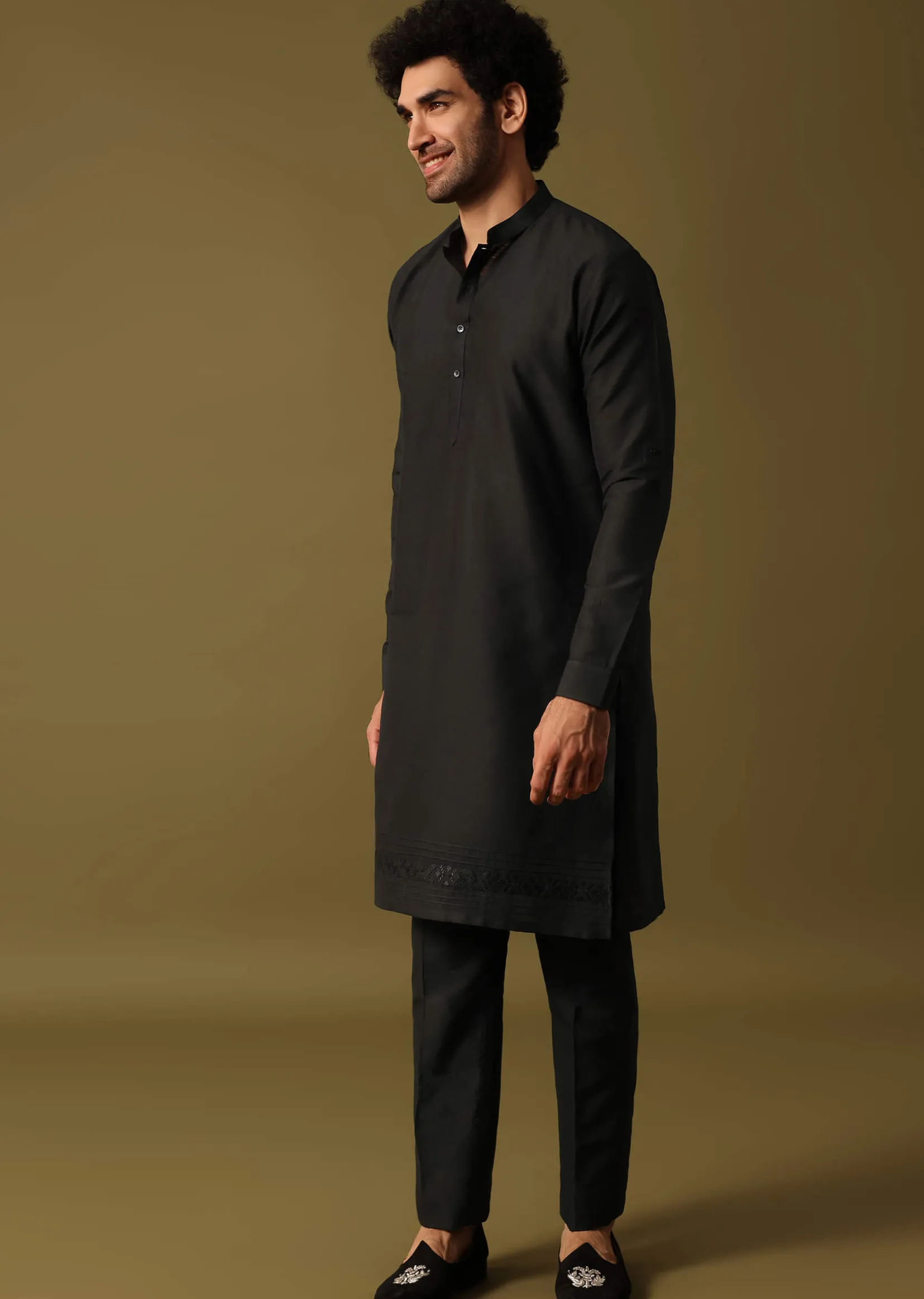 Black Cutdana Embroidered Kurta Jacket Set