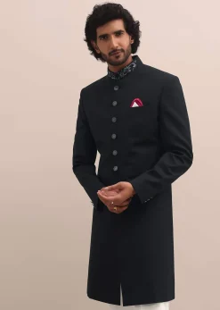Black Cutdana Embroidered Sherwani For Men