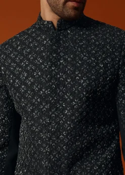 Black Cutdana Embroidered Indowestern Suit For Men