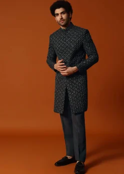 Black Cutdana Embroidered Indowestern Suit For Men