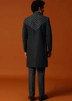 Black Cutdana Embroidered Indowestern Suit For Men