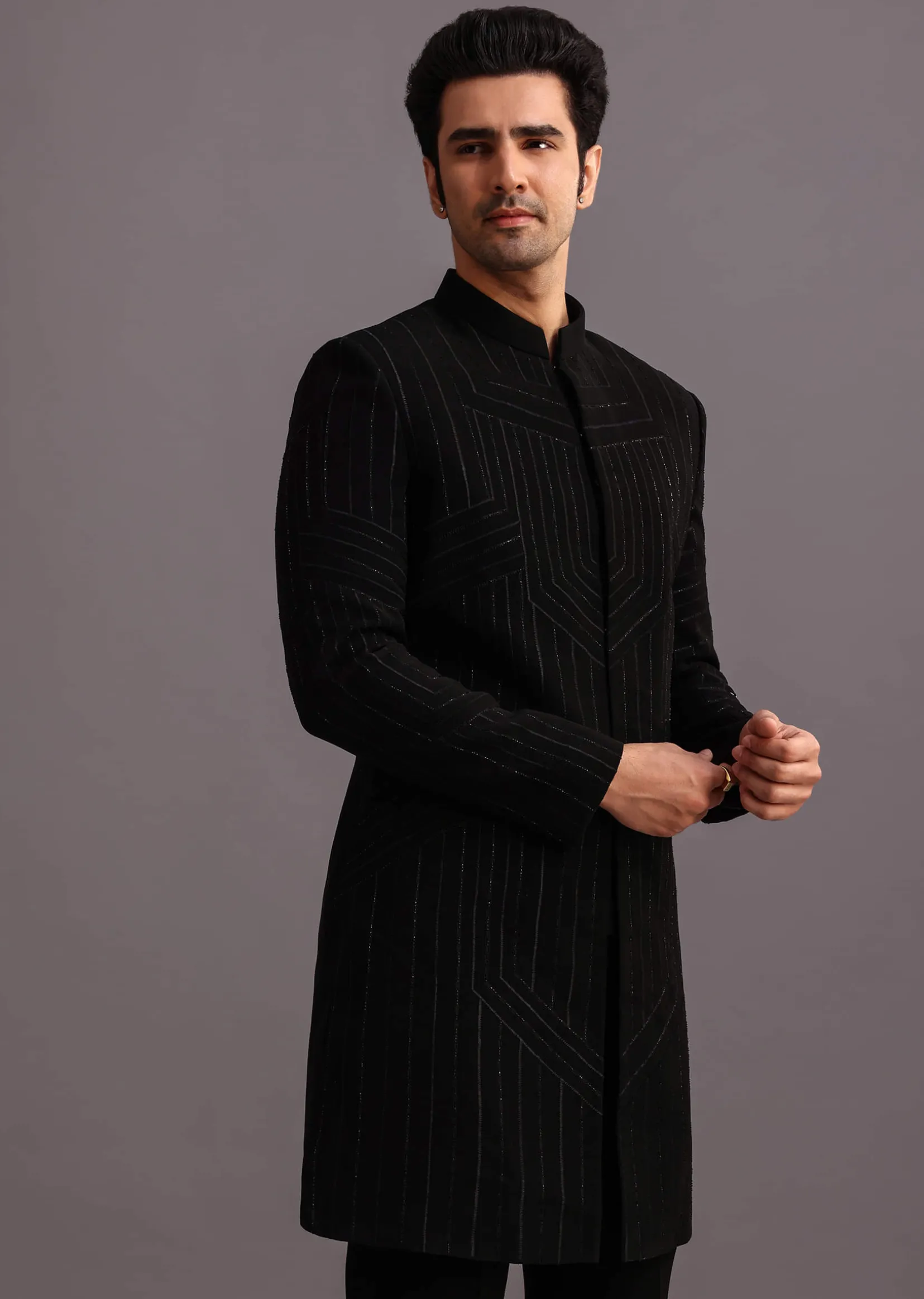 Black Cutdana Indowestern Trouser Suit