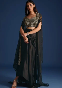 Black Cutdana Work Crop Top With Asymmetric Jacket And Skirt