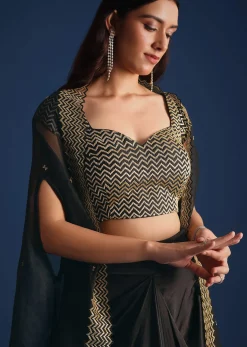 Black Cutdana Work Crop Top With Asymmetric Jacket And Skirt
