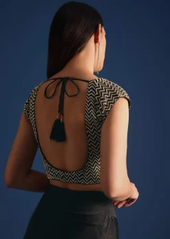 Black Cutdana Work Crop Top With Asymmetric Jacket And Skirt