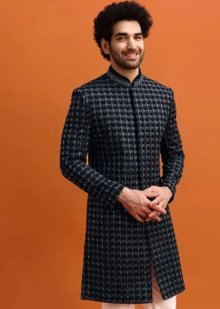 Black Cutdana Work Sherwani Set For Men