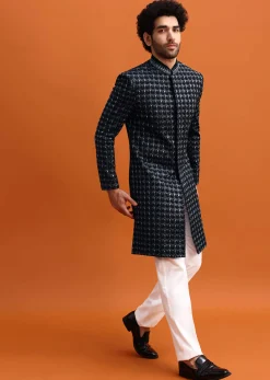 Black Cutdana Work Sherwani Set For Men