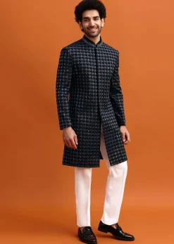 Black Cutdana Work Sherwani Set For Men