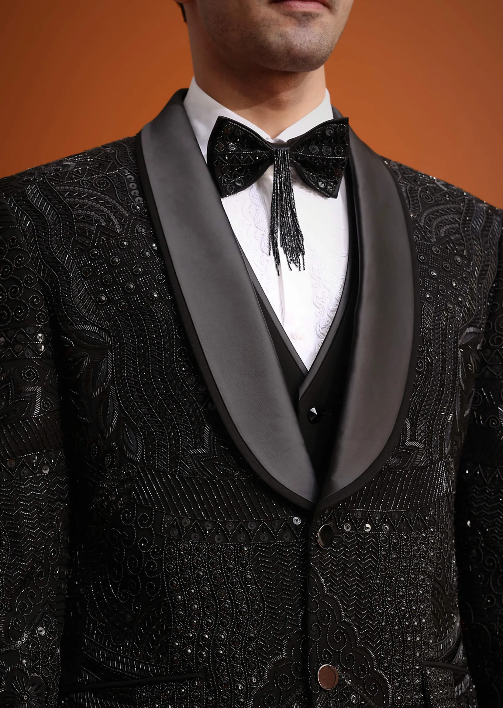 Black Cutwork Stone Embellished Tuxedo Set