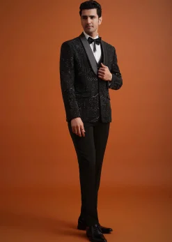 Black Cutwork Stone Embellished Tuxedo Set