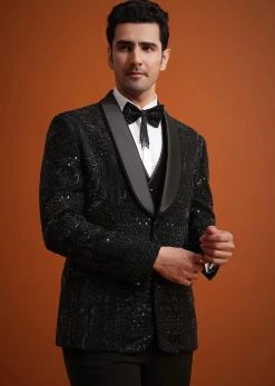 Black Cutwork Stone Embellished Tuxedo Set