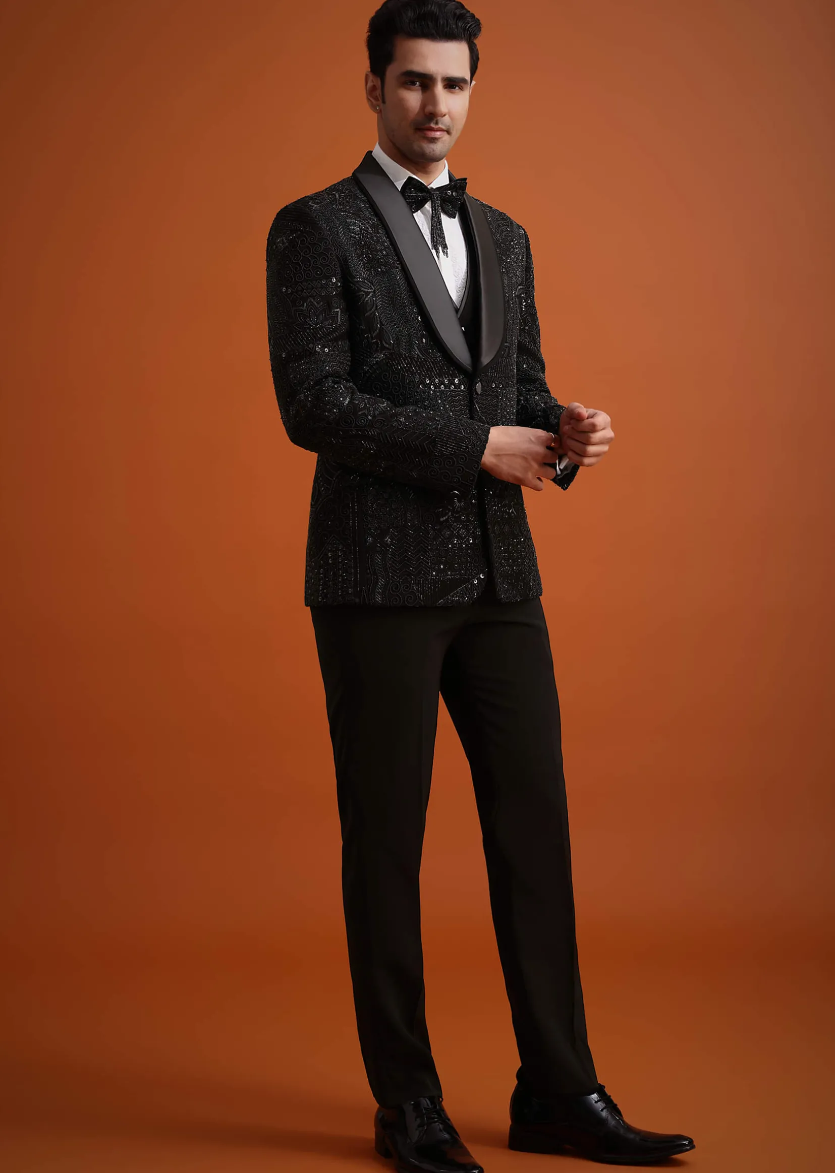 Black Cutwork Stone Embellished Tuxedo Set