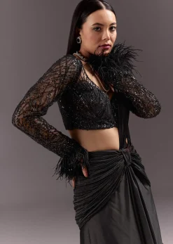 Black 3D Patchwork Cutdana Drape Saree With Sleeveless Overlap Blouse