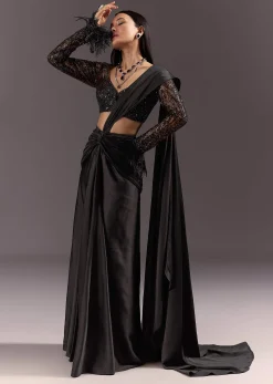 Black 3D Patchwork Cutdana Drape Saree With Sleeveless Overlap Blouse