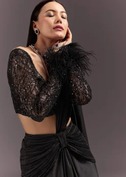 Black 3D Patchwork Cutdana Drape Saree With Sleeveless Overlap Blouse