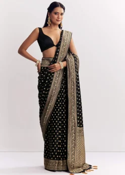 Black Dola Silk Saree With Woven Butti Work Border