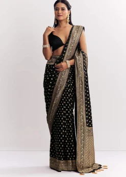 Black Dola Silk Saree With Woven Butti Work Border